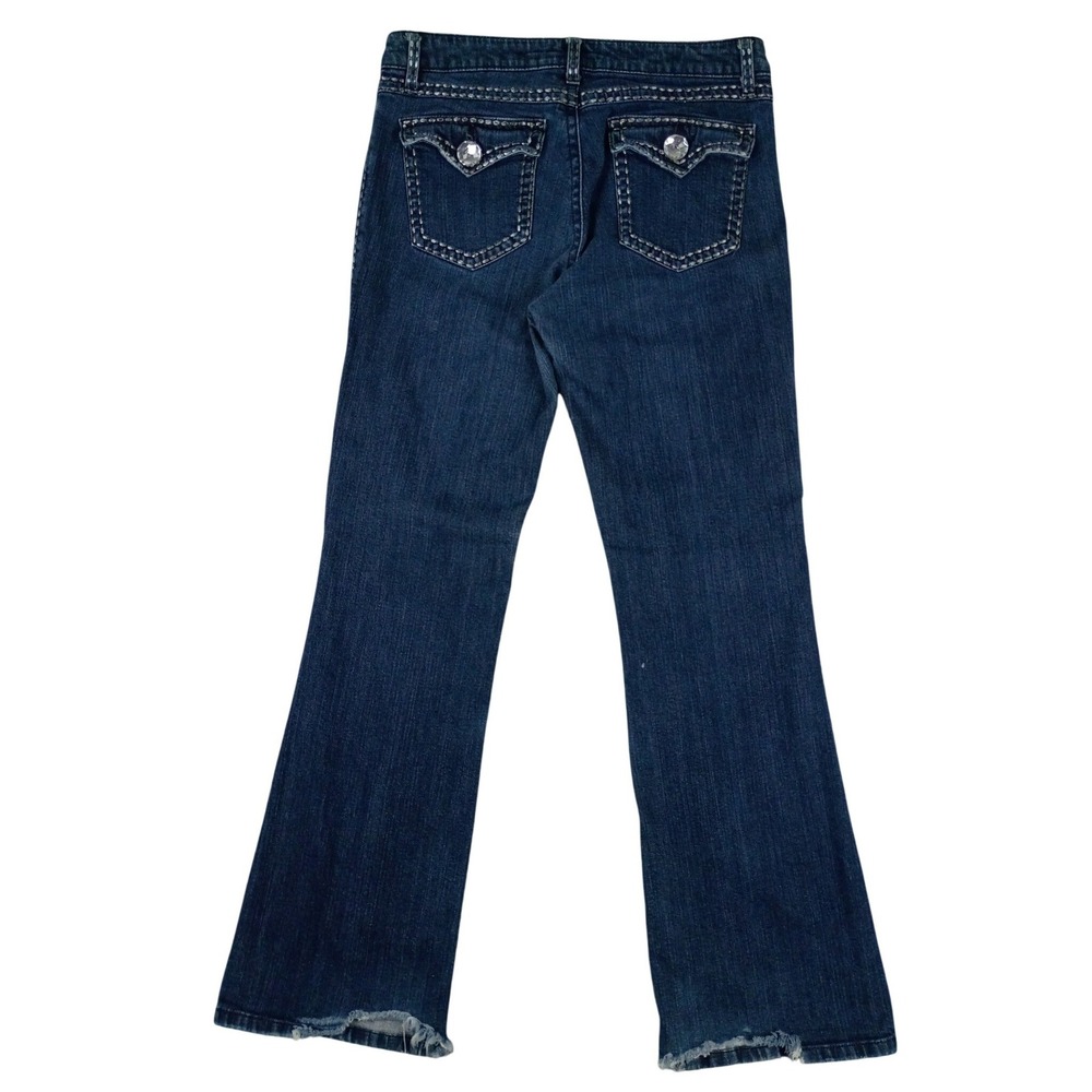 Wrangler Rock 47 Flare Jean Women 9/10x32 Dark Wash Crystalis Distressed WJX565P
